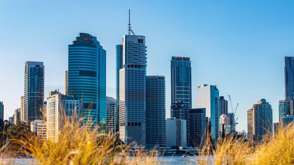 A city skyline with clear blue skies